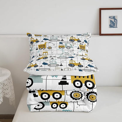 Feelyou Construction Comforter Set Twin Size Kids Excavator Tractor Toddler Comforter Cartoon Car Equipment Trucks Plaid Grid Comforter Set Construction Vehicles White Yellow Duvet Set