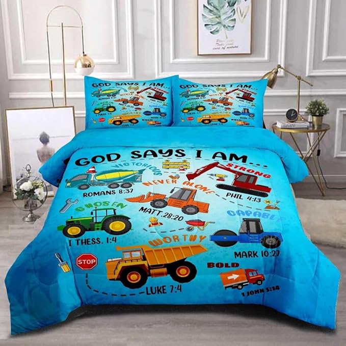 Boys Construction Vehicles Truck Comforter Set Full,Christian Kids God Says I Am Construction Bedding Set,Car Excavator Tractor Bedroom Set（1 Comforter 2 Pillowcase） Blue