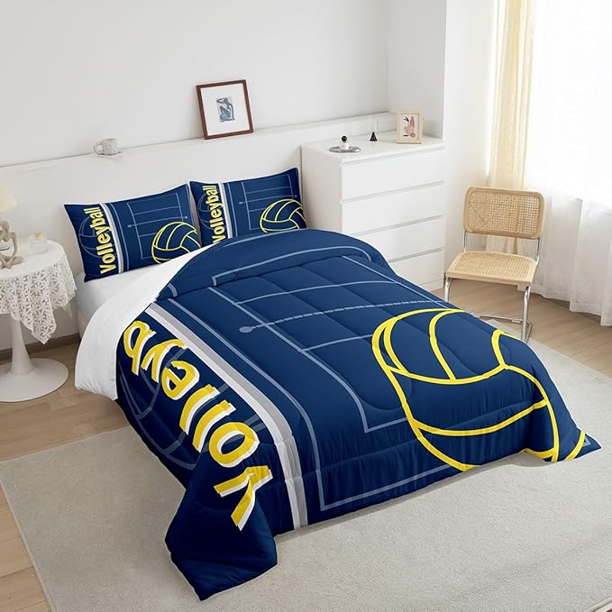 Feelyou Volleyball Bedding Set King Size Sports Game Comforter Set for Kids Boys Girls Decor Volleyball Player Comforter Microfiber Blue Yellow Duvet Set Bedroom Quilt Set