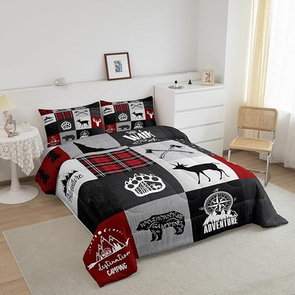 Deer Antler Bear Kids Comforter Set King Size,Plaids Boho Arrows Patchwork Bedding Set for Boys Girls Adults Room Decor,Rustic Adventure Camper Down Comforter,Red Xmas Duvet Insert,2 Pillowcases