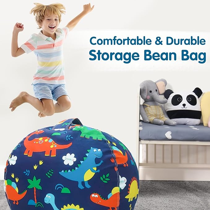 Lukeight Stuffed Animal Storage Bean Bag Chair Cover for Kids, Dinosaur Zipper Beanbag Chair Cover for Organizing Toddler & Kids' Rooms Plush Toys (Dinosaur, Large)
