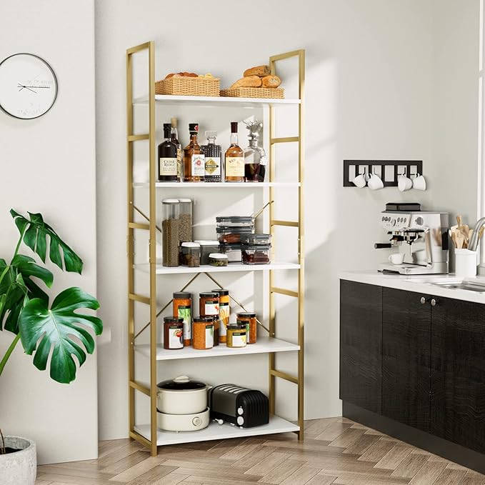 NUMENN 5 Tier Bookshelf, Tall Bookcase Shelf Storage Organizer, Modern Book Shelf for Bedroom, Living Room and Home Office, White/Gold
