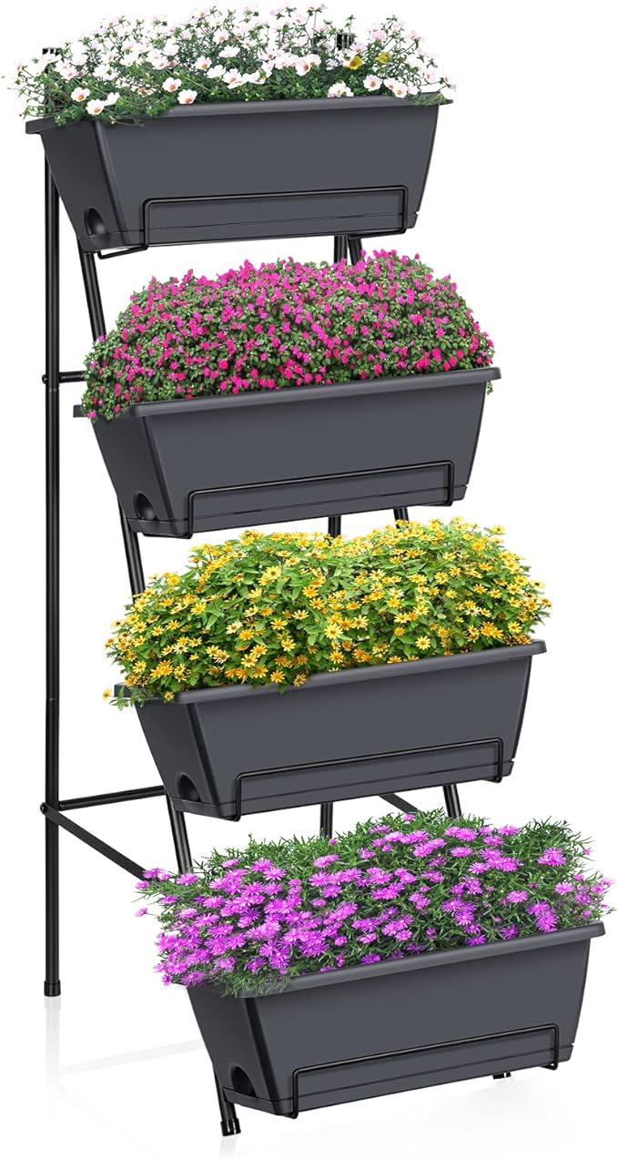 OYEAL Raised Garden Bed 4 Tier Vertical Garden Planter Indoor Outdoor Raised Planter Box with Legs Elevated Herb Garden Planters for Flowers Vegetables Plants, Grey