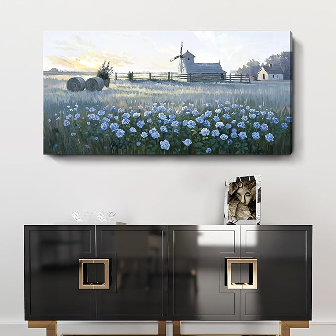 amatop Large Rustic Canvas Wall Art – Farmhouse Blue Rose and Windmill Landscape Picture, Nature Country Floral Sunset Wall Decor for Living Room Bedroom, Countryside Botanical Artwork Print 48x24 Inch