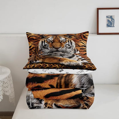 Manfei Tiger 3D Print Comforter Set Queen Size Wild Animals Bedding Set 3pcs for Kids Teens Room Decor,Animal Fur Quilt Set Soft Breathable Duvet Insert with 2 Pillowcases
