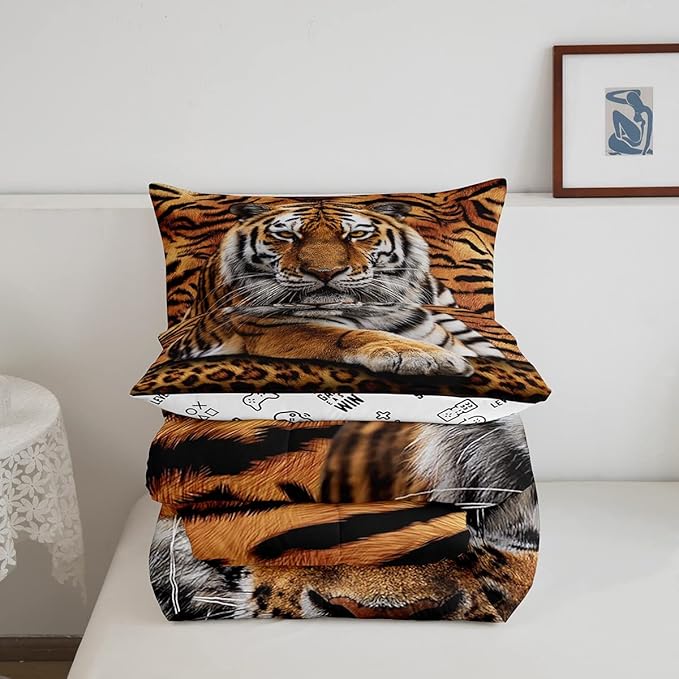 Tiger 3D Print Comforter Set Twin Size Wild Animals Bedding Set 2pcs for Kids Teens Room Decor,Animal Fur Quilt Set Soft Breathable Duvet Insert with 1 Pillowcase