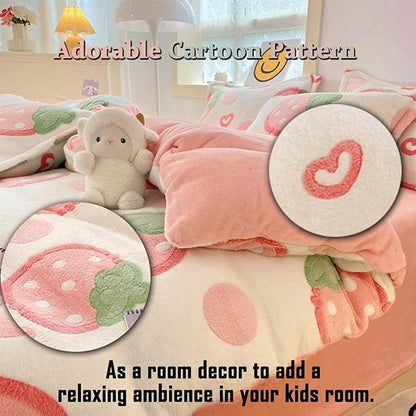 MorroMorn Pink Duvet Cover Queen, Strawberry Bedding Sets, Fluffy Comforter Covers Set, Down Alternative Blanket Ultra Soft Kawaii Cute for Girls Kids Teen Women Full Double Size