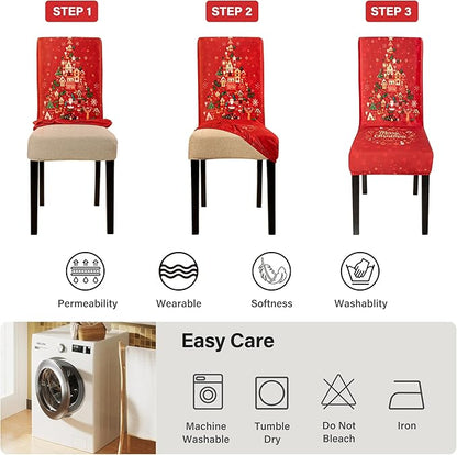 4PCS Christmas Dining Chair Covers, Stretch Removable Washable Dining Room Chair Protector Slipcovers, Xmas Tree Heart Kitchen Chair Cover, Slipcover Protector for Xmas Holiday Party Home Décor