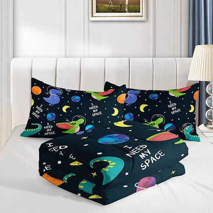 Datura home Dinosaur Space Dinos Comforter Bedding Set for Boys Kids Children,Celestial Bodies Colorful Dinosaur Print Bedding Set with 1 Comforter and 2 Pillowcases(Dinosaur Twin)