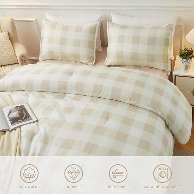 Andency Beige Grid King Size Comforter Set (104x90 Inch), 3 Pieces(1 Grid Comforter and 2 Pillowcases), Summer Lightweight Microfiber Down Alternative Beige Comforter