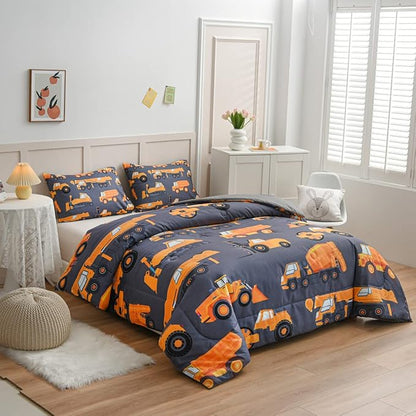 NTBED 5 Pieces Construction Truck Comforter Set for Boys Kids Vehicles Excavator Cars Lightweight Microfiber Bedding Sets (Grey, Twin)