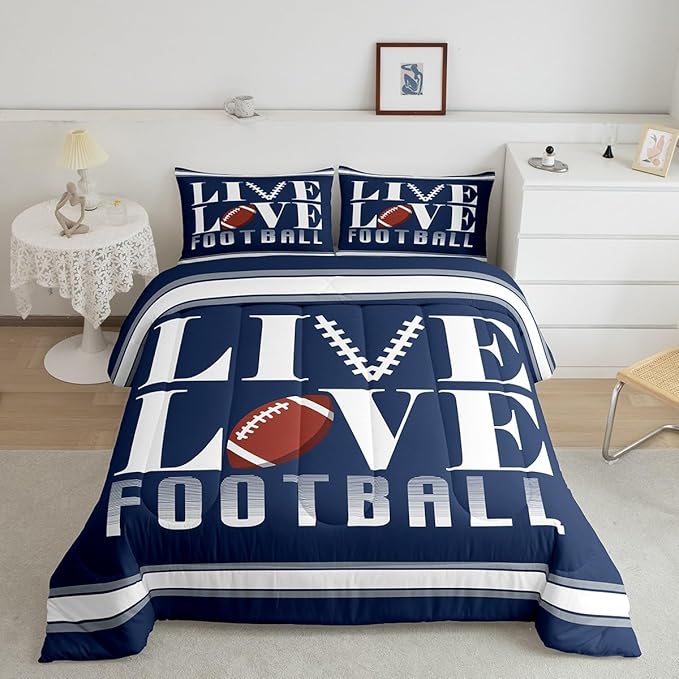 Feelyou Rugby Sports Bedding Set Twin Size Football Comforter Set for Kids Boys Girls Decor Soccer Ball Game Comforter Microfiber American Football Player Duvet Set Bedroom Quilt Set