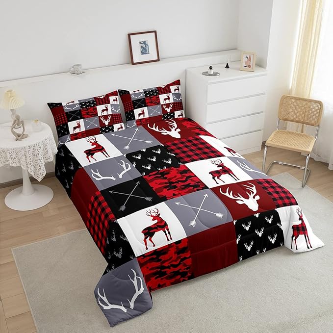 Deer Silhouette Comforter Set Queen Size,Antler Arrow Grid Stripe Design Bedding Duvet 3pcs for Kids Teens Adult Boys Girls Home Room Decoration, Camouflage Christmas Style Red Quilt Set