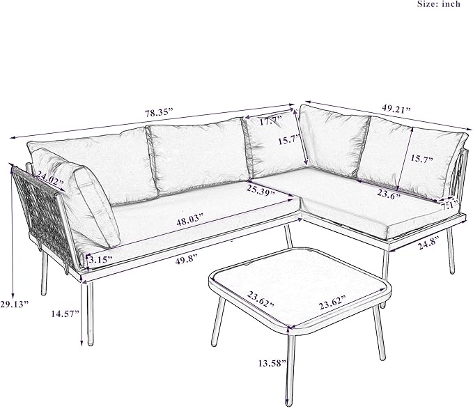 3-Piece Outdoor Patio Furniture PE Rattan Sofa Set, All Weather L-Shaped Sectional Couch with Removable Cushions and Glass Table, for Backyard Poolside Garden, Metal Frame, Onesize, Beige