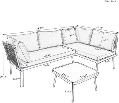 3-Piece Outdoor Patio Furniture PE Rattan Sofa Set, All Weather L-Shaped Sectional Couch with Removable Cushions and Glass Table, for Backyard Poolside Garden, Metal Frame, Onesize, Beige