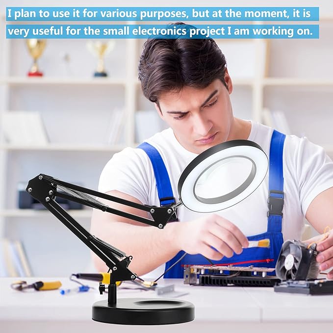 HITTI 【Upgraded】 5X LED Magnifying Lamp, 1,800 Lumens Stepless Dimmable, 3 Color Modes, 8-Diopter 4.2″ Real Glass Lens Magnifier Desk lamp, Magnifying Light and Stand for Crafts Reading Close Work