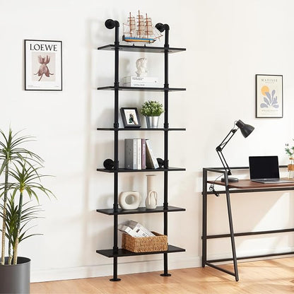 HOMBAZAAR Industrial Bookshelf, 6-Tier Industrial Pipe Bookshelf, Wall Mounted Ladder Shelf with Metal Frame for Home Office, Living Room, Black