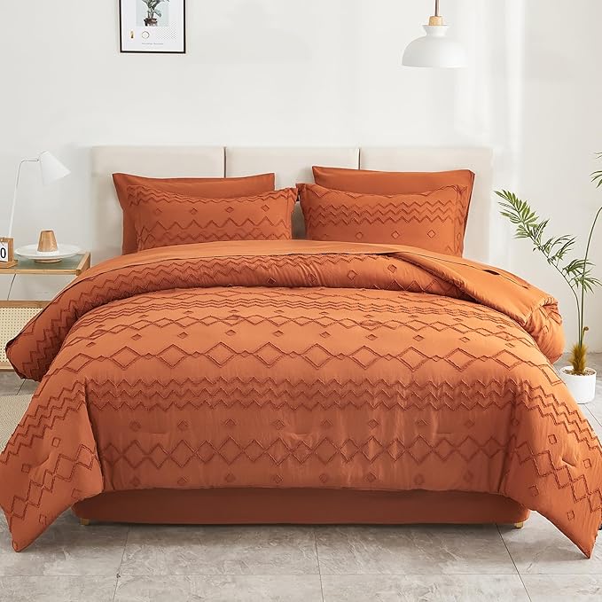 EMME Twin Comforter Set - 5 Pcs Pumpkin Boho Bedding Sets, Tufted Comforter with Sheets, Shabby Chic Embroidery Twin Size Bed Set Fluffy Bed Bag for All Season(68"X90")