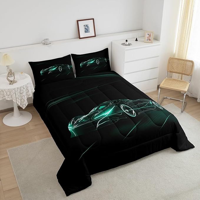 Feelyou Teal Race Car Bedding Set Full Size for Kids Boys Extreme Sport Games Comforter Set Teens Toddler Fast and Furious Duvet Set Cool Modern Quilt Set 3Pcs