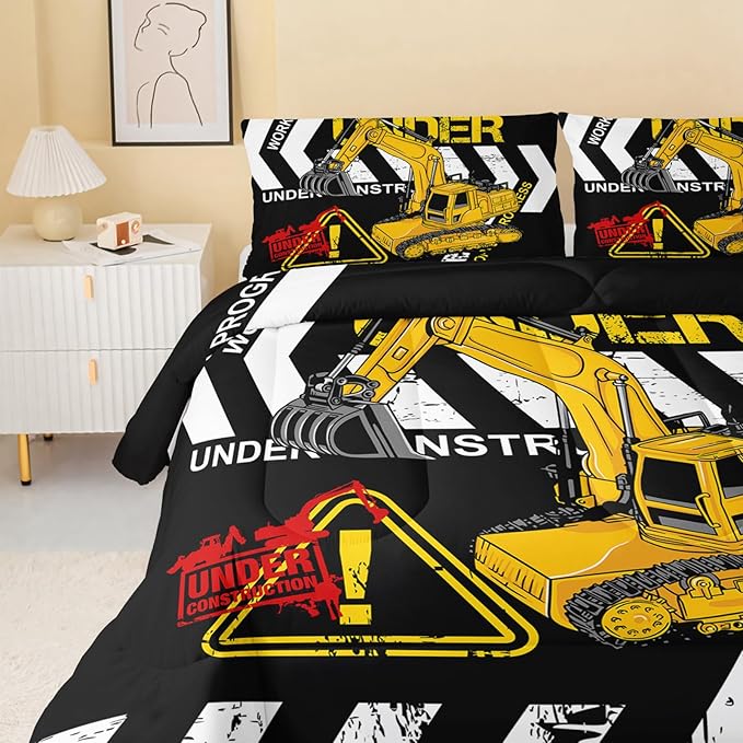 Excavator Comforter Twin Size,Construction Truck Comforter Set for Kids Teens Boys Girls,3Pcs Bedding Set Printed Comforter with 2 Pillowcases,Soft and Lightweight(Black，Twin Size)