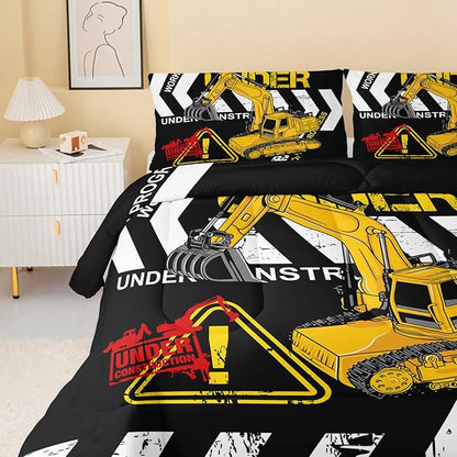 Excavator Comforter Queen Size,Construction Truck Comforter Set for Kids Teens Boys Girls,3Pcs Bedding Set Printed Comforter with 2 Pillowcases,Soft and Lightweight(Black，Queen Size)