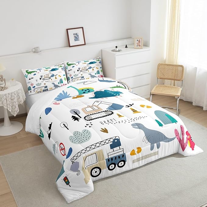 Erosebridal Construction Comforter Set Twin, Cute Dino Excavator Bedding for Kids Boys Girls, Cartoon Car Trucks Crane Equipment Bedding Comforter Sets, Green Blue Dinosaur Vehicles Duvet Insert