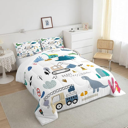 Excavator Comforter Set Full, Dinos Tractor Bedding For Children, Machinery Trucks Construction Vehicle Cartoon Dinosaur Bedding Comforter Sets, Bulldozer Crane Equipment Truck Quilt, Blue Grey Green