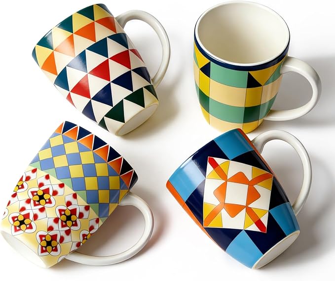 Bohemian Ceramic Coffee Mugs Set of 4, 15oz/450ml Geometric Pattern Tea Cups, Large Porcelain Mugs for Latte Cappuccino, Colorful Boho Drinkware Gift Set