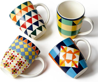 Bohemian Ceramic Coffee Mugs Set of 4, 15oz/450ml Geometric Pattern Tea Cups, Large Porcelain Mugs for Latte Cappuccino, Colorful Boho Drinkware Gift Set