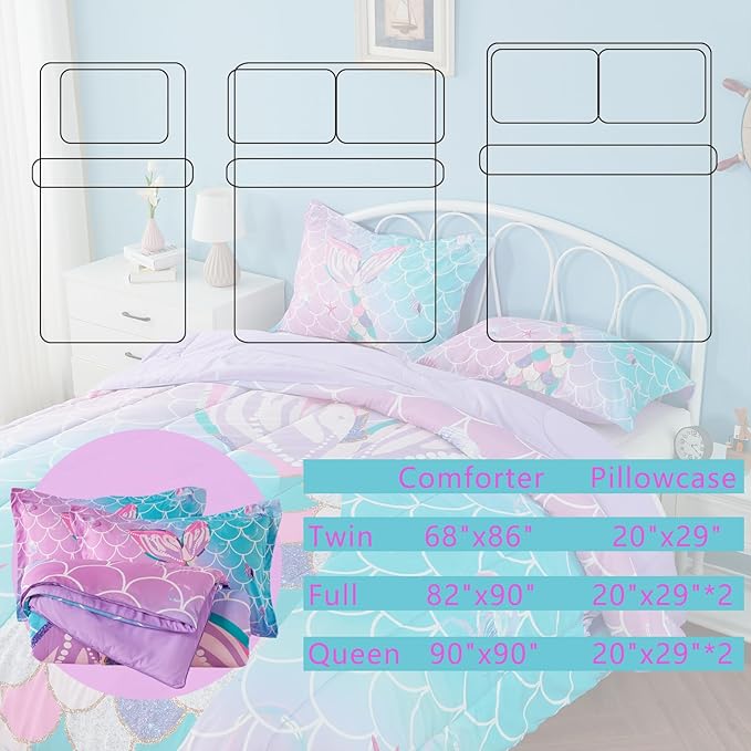 Twin/Twin XL Comforter Set for Girls Mermaid Tail Rainbow Scales Bedding Set 2 Pieces Twin Size Comforter with Pillowcase for Kids, Teenagers