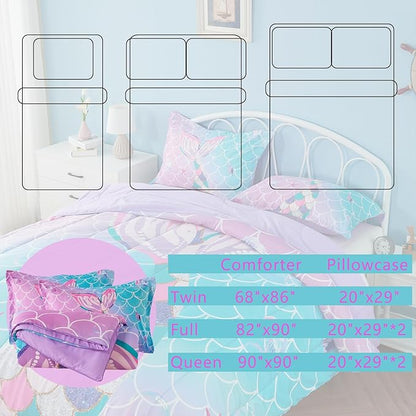 Queen Size Comforter Sets for Girls Mermaid Tail Rainbow Scales Bedding Set 3 Pieces Queen Comforter with 2 Pillowcases for Kids, Teenagers