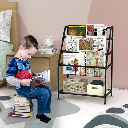 Kids Bookshelf Freestanding for Children Room 18 Inches Black Metal Bookcase Large Capacity Books Toys Organizer Stable 5 Tiers Kids Book Rack for Playroom Bookstore Library.