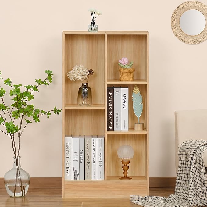 LEYAOYAO 5 Cube Mid-Century Modern Natural Wood Bookshelf with Base, 3 Tier Storage Organizer Shelf, Rustic Wood Display Cabinet for Bedroom, Living Room, Office