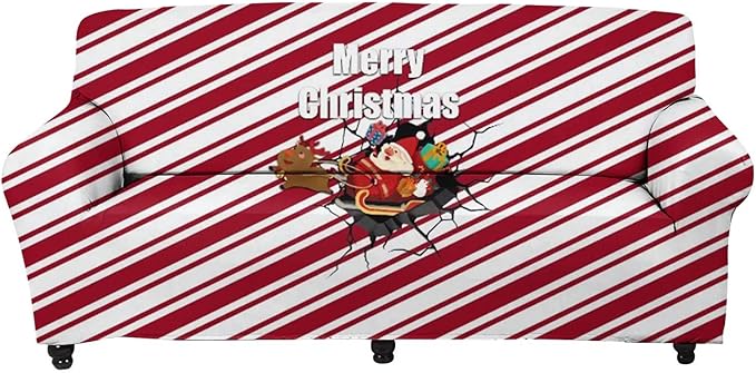 FKELYI Merry Christmas Sofa Cover Slipcover Red Santa Claus Reindeer Print Super Soft Sofa Couch Cover Durable Anti-Slip Furniture Protector-M