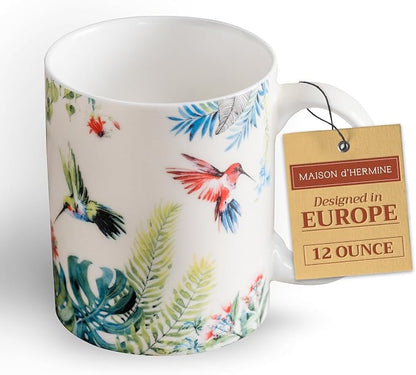 Maison d' Hermine Coffee Mug with Handles Tea Cups (12 Ounce, Pack of 1) | Fine Bone China Coffee Mugs for Hot Beverages Cappuccino Latte Home Restaurant Hotel Spring Summer -Tropiques - Colibris