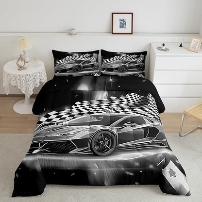 Racing Car Comforter Set, Cool Speed Race Car Down Comforter Full for Kids Boys Girls Teens Bedroom, Automobile Extreme Sport Bedding Set Plaid Checkered Duvet Sets with 2 Pillowcases,Grey