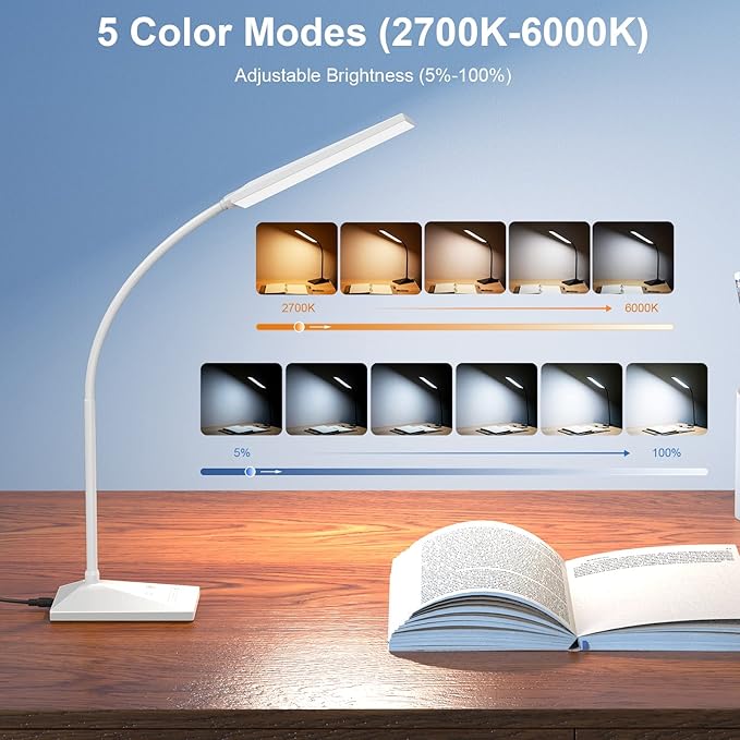 LED Desk Lamp Eye-Caring Table Lamps with USB Charging Port,7 Brightness Levels & 5 Color Modes,Touch Control and Memory Function, Flexible Gooseneck Reading Lamp for Home Office, White