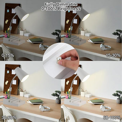 Study Desk Lamp with USB Charging and Type-C Night Light, Gooseneck LED Table Lamp Stepless Dimming Study Table Lamp with Pen Holder for College Dorm Bedroom and Office (White)