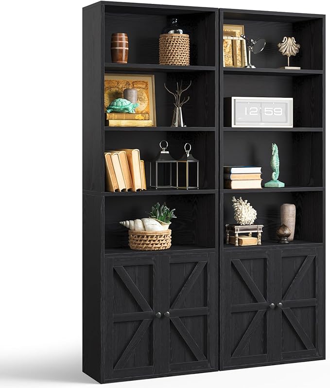 oneinmil 6 Tier Bookcase Set of 2,Wooden Bookshelves with Cabinet Doors, Floor Bookshelf and Office Storage Cabinets for Living Room,Black