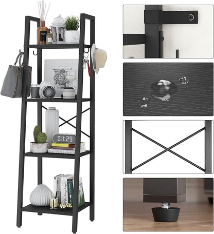 YMYNY 4 Tiers Ladder Bookcase, Industrial Narrow Bookshelf, Open Display Rack with 4 S Hooks, Metal Storage Shelves for Bedroom, Home Office, Living Room, Black, 49.2H*13.4L*11.8W, UHBC024B