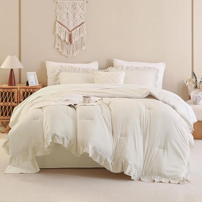 Andency Beige Comforter Set Full Size, 3 Pieces Solid Ruffle Vintage Rustic Soft Bedding Comforter Sets, All Season Lightweight Fluffy Soft Microfiber Bedding Set (79x90 Comforter & 2 Pillowcases)