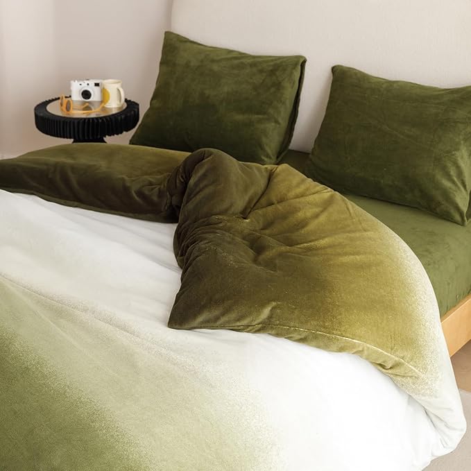 Wellboo Army Green Gradient Comforter Sets Full Green White Fluffy Bedding Comforters Modern Gradient Dark Green Flannel Quilts Farmhouse Abstract Art Watercolor Comforters Sherpa Fuzzy Plush Bedding