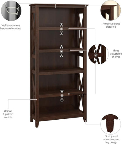 Bush Furniture Key West Tall 5 Shelf Bookcase in Bing Cherry