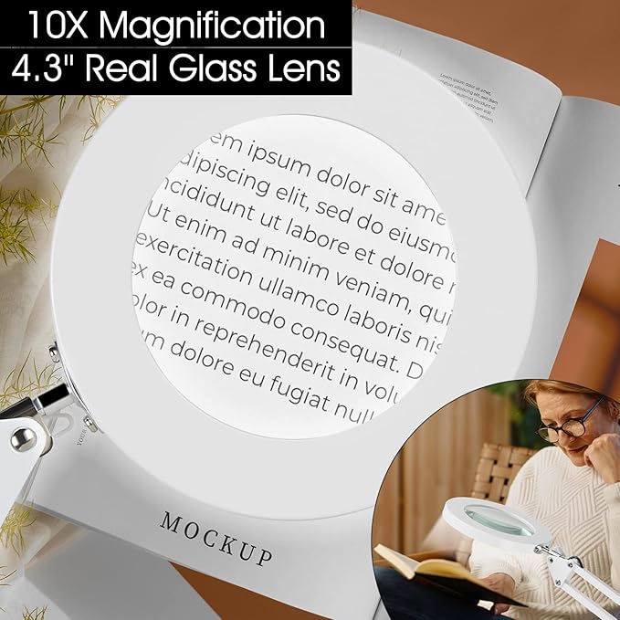 Magnifying Glass with Light and Stand, 10X Magnifying Lamp,Qsky 2-in-1 Desk Lamp with Clamp,3 Color Modes & Stepless Dimmable, LED Lighted Magnifier for Reading, Crafts, Repair, Close Work (White)