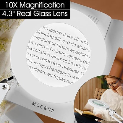 Magnifying Glass with Light and Stand, 10X Magnifying Lamp,Qsky 2-in-1 Desk Lamp with Clamp,3 Color Modes & Stepless Dimmable, LED Lighted Magnifier for Reading, Crafts, Repair, Close Work (White)