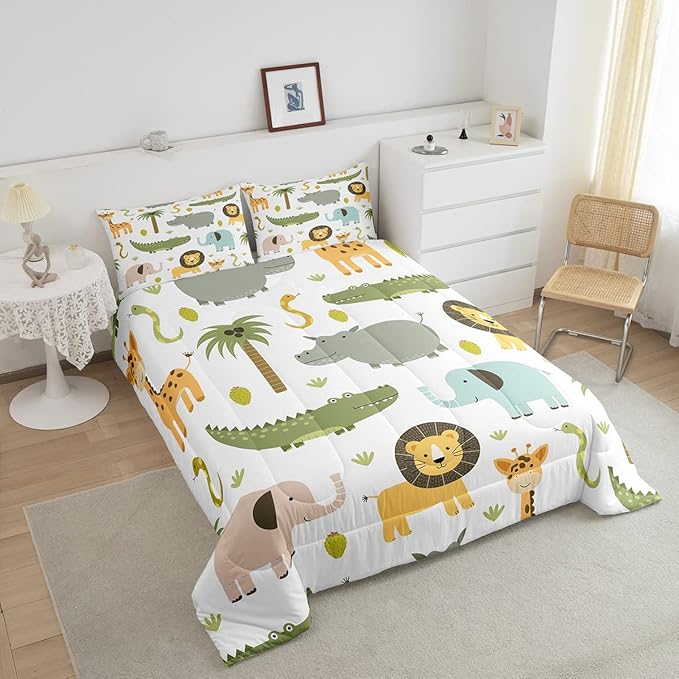 Feelyou Wild Animals Comforter Set Safari Animals Print Comforter for Boys Girls Teens Cute Hippo Crocodile Lion Bedding Set Kids Cartoon Elephant Giraffe Duvet Set Room Decor Quilt King Size Boys