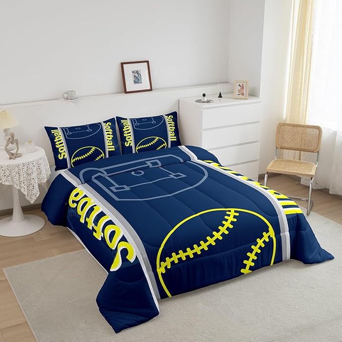 Feelyou Kids Softball Comforter Set King Size Sports Game Bedding Set for Boys Girls Teens Bedroom Decor Baseball Comforter Softball Gaming Theme Duvet Set with 2 Pillow Case