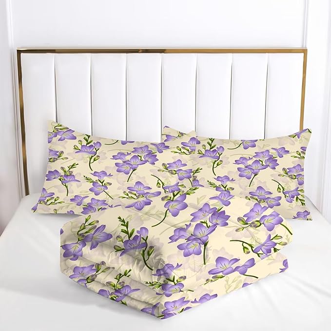 kxry Purple Flower Comforter Sets Bedding Sets Full Size Comforter Set for Girls Women Kids 1 Comforter + 2 Pillow Case