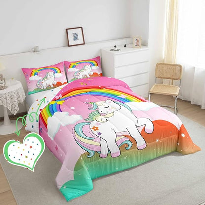 Kids Kawaii Unicorn Queen Comforter Set Girls Unicorn Bedding Stars Rainbow Gradient Quilted Duvet Cartoon Musical Notes Duvet Set Children Unicorn Animals Reversible Down Comforter,Multicolor 3Pcs