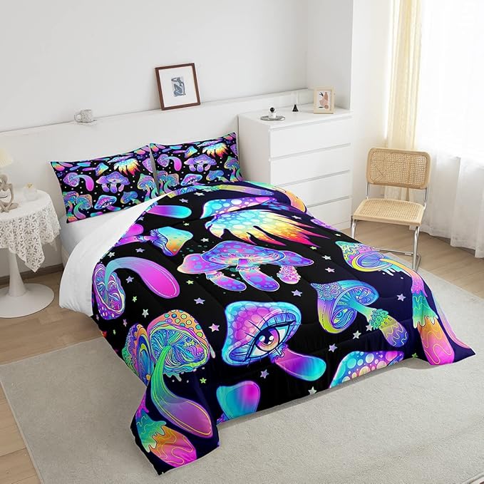 Mushroom Comforter Set King,Kawaii Trippy Botanical Bedding Set Psychedelic Plant Down Comforter for Kids Girls Teens Women Cartoon Cute Mushroom Room Decor Quilt Duvet Set with 2 Pillow Cases Black